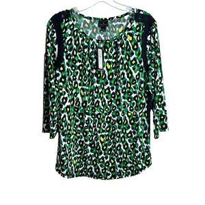 Worthington Elbow Sleeve Lace Trim Blouse Top Large Fantasy Green Maxine Leopard